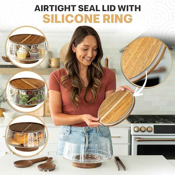 Large Glass Salad Bowl with Lid Set, 5.7 L Decorative Glass Mixing Bowl, Trifle and Serving Bowls with Lids as Cheese Charcuterie Board and Plate, Comes with Wood Serving Utensils
