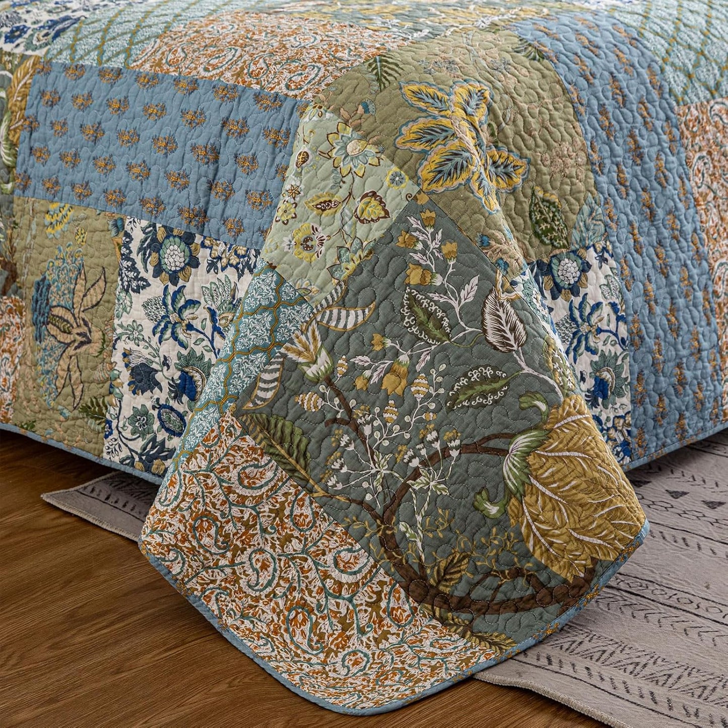 YAYIDAY Quilt King Size Patchwork Bedspread - 100% Cotton Reversible Breathable Green Leaves Quilted Quilt with Pillow Shams for All Seasons