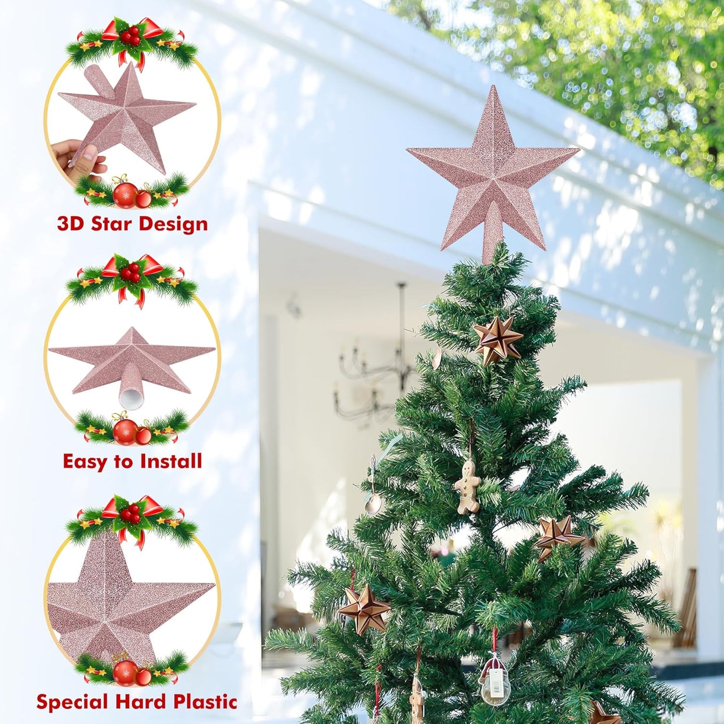 Tree Topper Star, 8" Rose Gold Christmas Star Tree Topper Accessories, Xmas Glitter 3D Bethlehem Tree Topper Ornament, Waterproof Holiday Christmas Tree Topper Star Decor for Home Indoor Outdoor