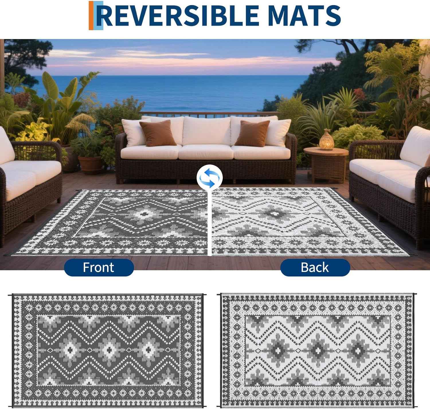 8x10 Gray Outdoor Rug, Waterproof Plastic Straw Reversible Ethnic Geometric Patio Mat, Symmetrical Tribal Pattern Washable RV Camping Carpet, Foldable Portable Deck Rug for Picnic Backyard