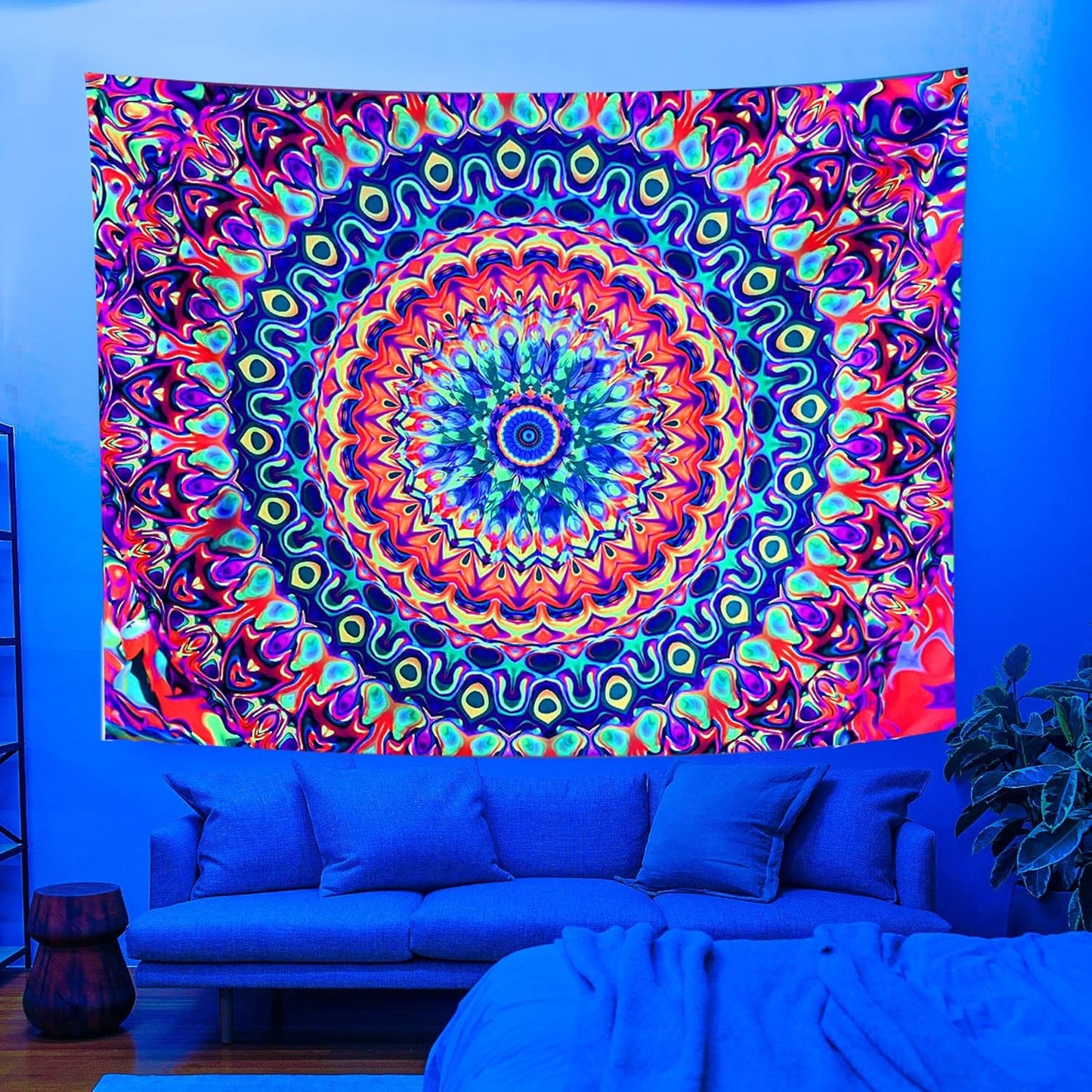OSVINO Blacklight Colorful Mandala Tapestry 59"x51" Kaleidoscopic Trippy Room Decor Black Light Poster Bohemian Wall Decor for Bedroom Backdrop Decor