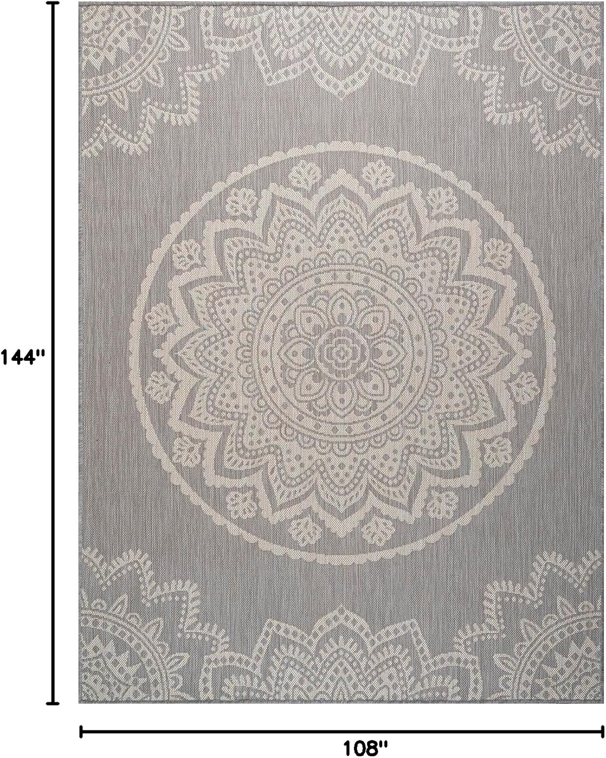 CAMILSON Outdoor Rug 9x12 Modern Area Rugs for Large Indoor and Outdoor Patios and Porches - Waterproof Washable Non-Shedding Easy-to-Clean Outside Carpet (9 x 12, Medallion - Grey/White)