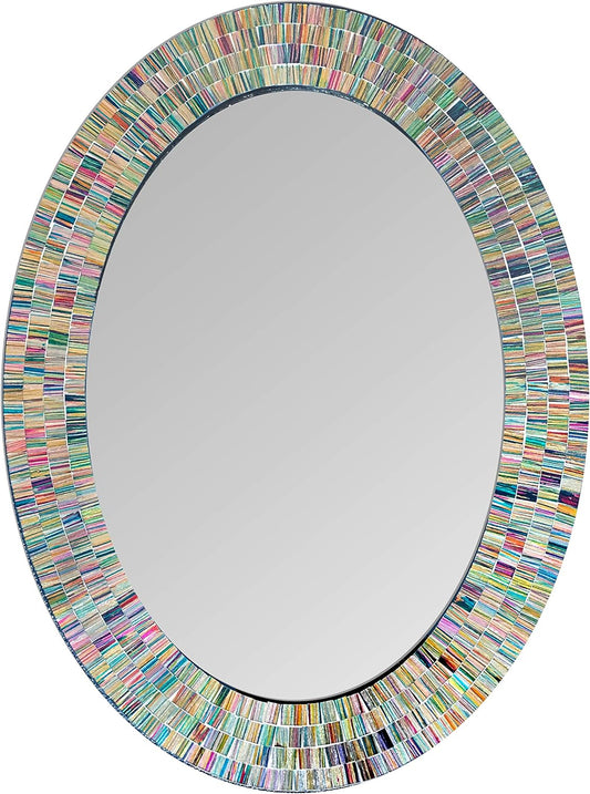 Bohemian Rainbow Wall Mirror -Glass Mosaic Decorative Wall Mirror, Multi Color Spectrum Wall Mountable, Oval Multi-Color Framed Mirror (32 in. x 24 in.)