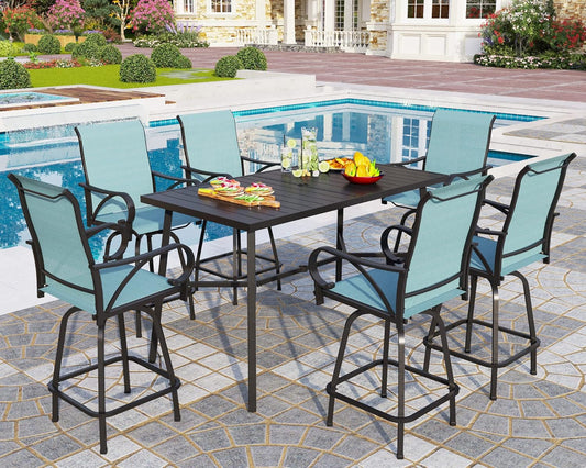 PHI VILLA 7 Piece Outdoor Bar Dining Set, High Top Patio Table and Chairs with 6 Swivel Teal Bar Stools & 40" Rectangle Metal Bar Table for Garden, Yard and Deck