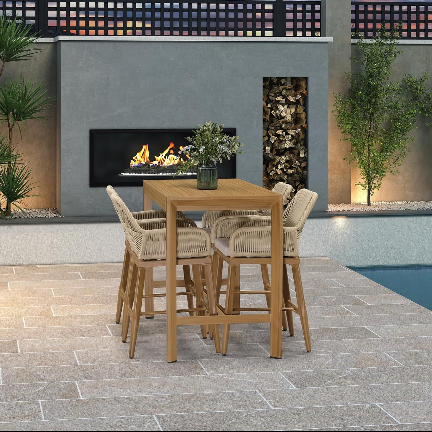 PURPLE LEAF 39.1'' Rectangle Outdoor Patio Counter Height Dining Table, Durable Aluminum Bar Height Pub Table for Counter Bar Stool, Water-Proof Tall Dining Table with Sturdy Legs, Teak