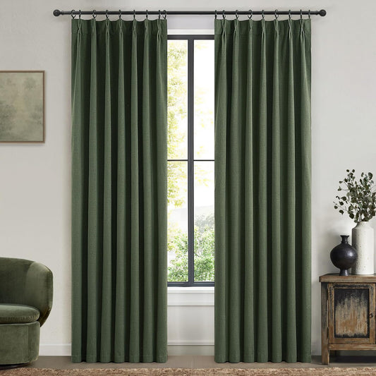 Loden Spring Living Room Curtains Linen 90 Inches Long Pinch Pleated Traverse Window Curtains Complete Blackout Heat & Cold Blocking for Sliding Glass Dark Olive Green Drapes (40"wx90"Lx2 Panels)