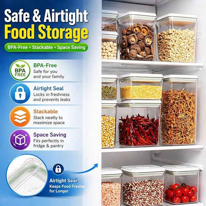 Airtight Food Storage Containers with Lids – 6 Pack BPA-Free Pop Containers for Pantry Organization, Cereal, Flour, Rice, Sugar – Stackable Kitchen Canisters (0.5, 1.2, 1.8 Qt) Set of 6