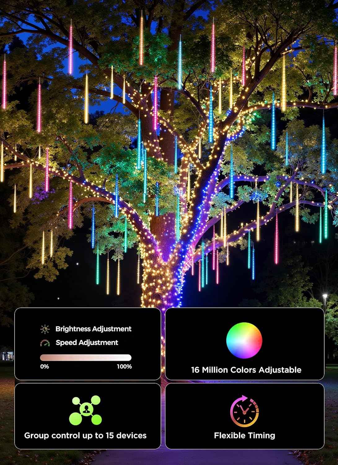 Smart Meteor Shower Rain Lights, 8Tube 128LED 11.48ft Color Changing Icicle Christmas Lights Outdoor Outside, APP Controlled RGB Customize Display DIY Dynamic Lighting Effect