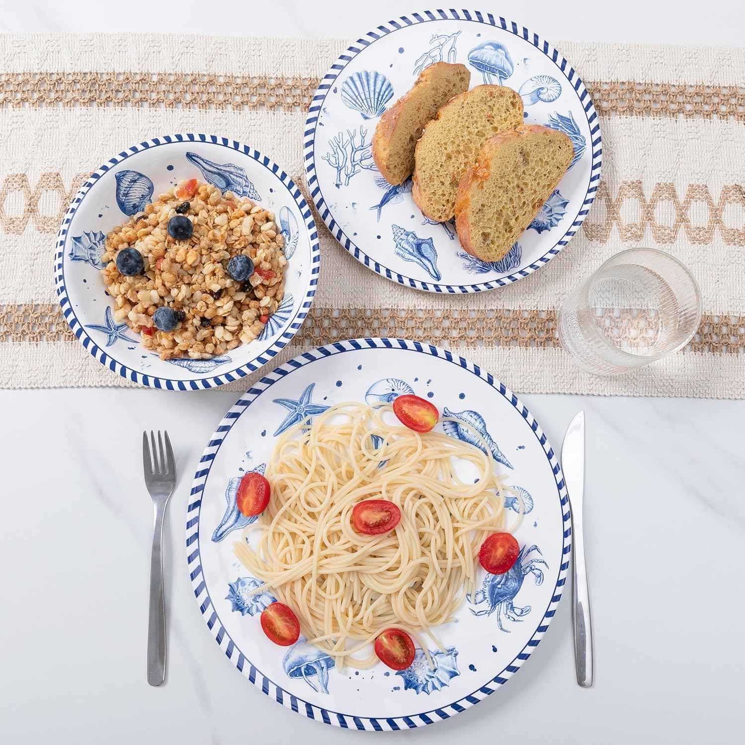 LEHAHA 12-Piece Coastal Melamine Dinnerware Set Service for 4, Unbreakable & Lightweight Round Plates and Bowls Set, Outdoor Dish Set for Patio, Camper, RV, Indoor Outdoor Use with Ocean Printed