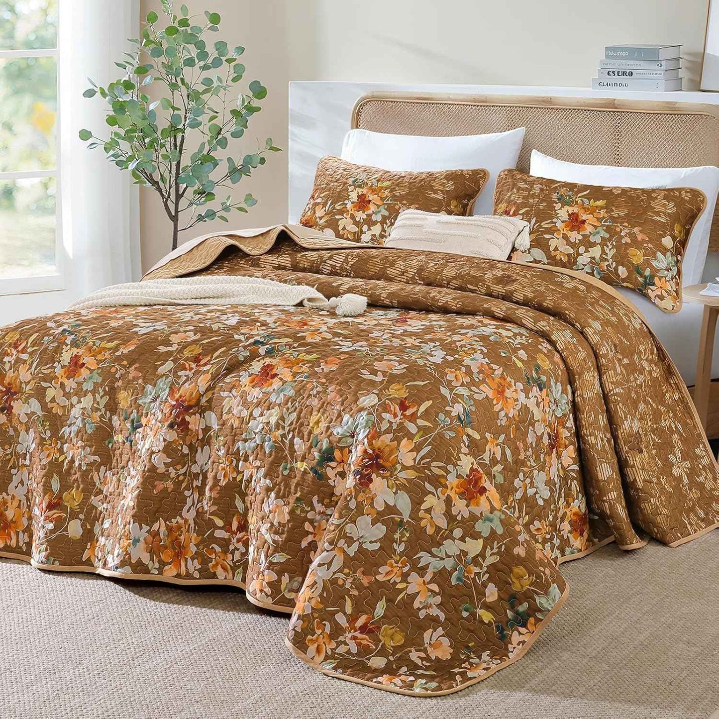 Dobuyly Brown Quilt Set Queen Size, Floral Bedspreads Coverlet Set, 3 Pieces Soft Lightweight Microfiber Farmhouse Botanical Quilt Bedding Set for All Seasons 96"x90"