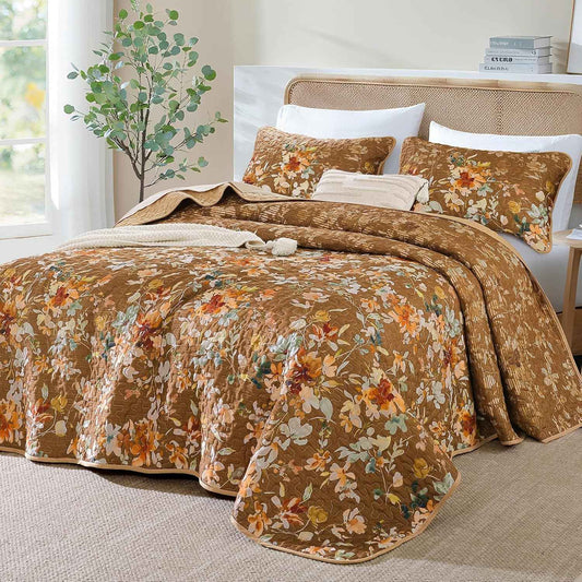Dobuyly Brown Quilt Set Queen Size, Floral Bedspreads Coverlet Set, 3 Pieces Soft Lightweight Microfiber Farmhouse Botanical Quilt Bedding Set for All Seasons 96"x90"