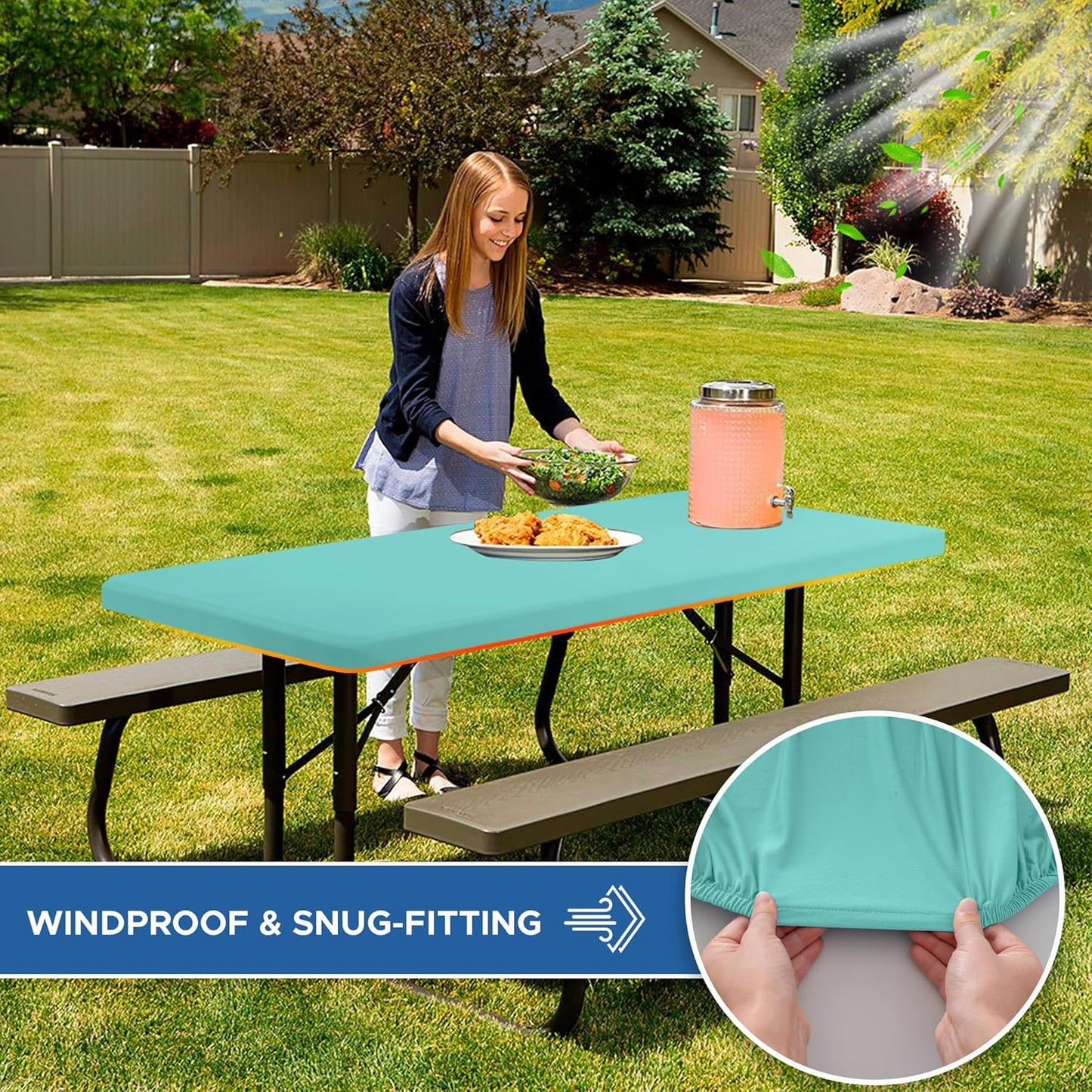 Fitted Tablecloth for 8 foot Rectangle Tables-6 Pack Aqua Blue Elastic Outdoor Picnic Table Cover-Spandex Stretch Folding Table Cloths 8ft for Camping Dining Room Patio Kitchen Banquet Party