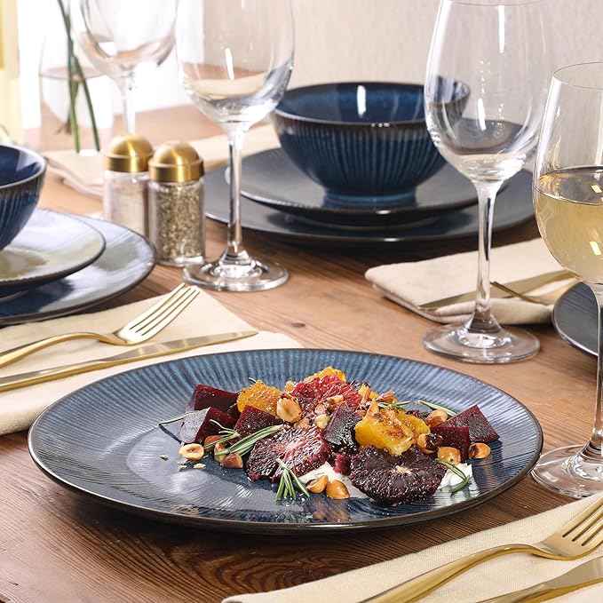 Gibson Elite Midnight Lune Plates and Bowls Sets, 12-Piece Stoneware Dinnerware Sets, Reactive Glaze Dish Set - Blue