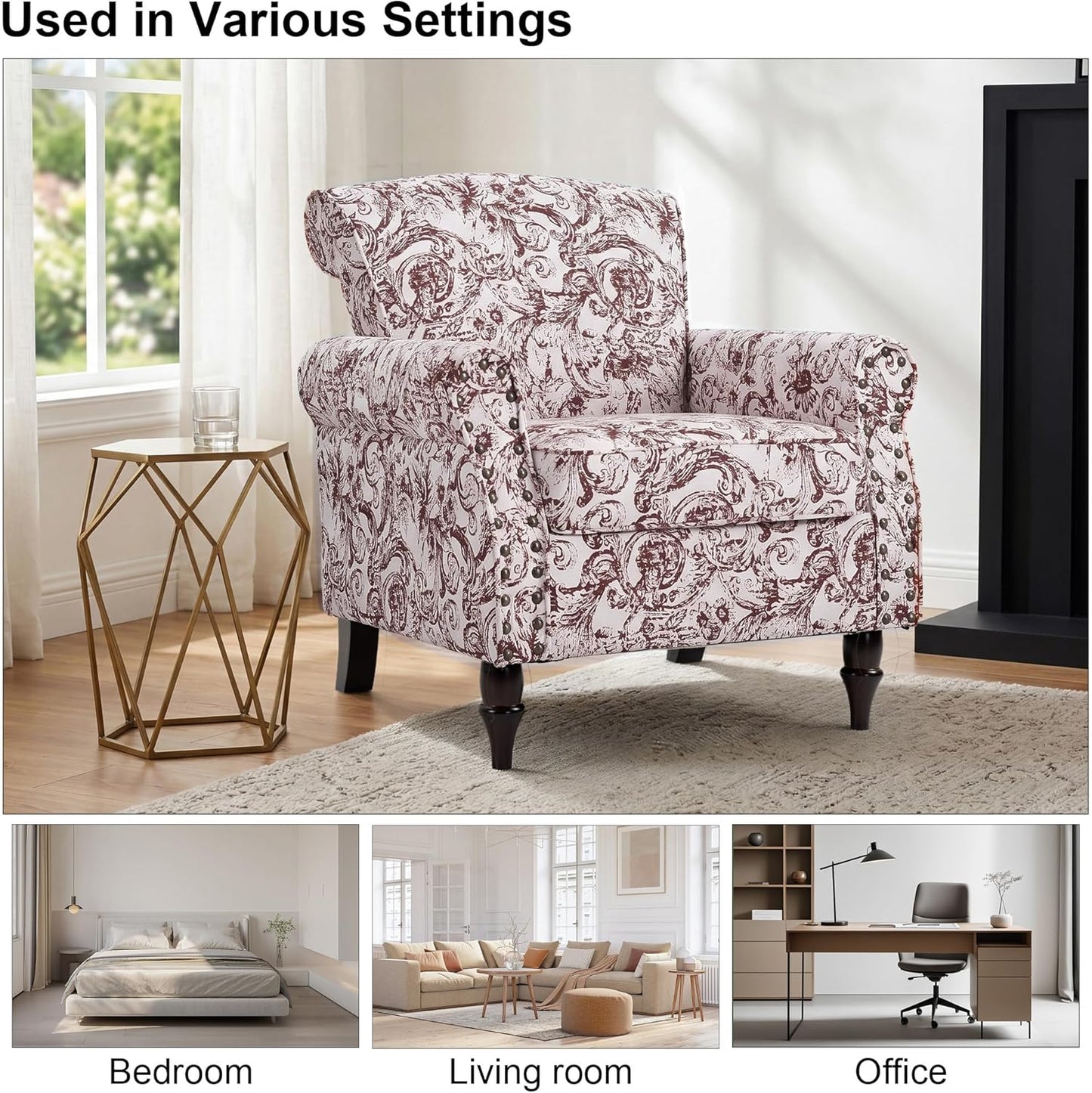 Accent Chair, Upholstered High Back Floral Armchair with Nailhead Trim & Wood Legs, Comfy Wingback Reading Single Sofa Chair for Small Spaces, Living Room, Bedroom (Rococo Black, Set of 1)