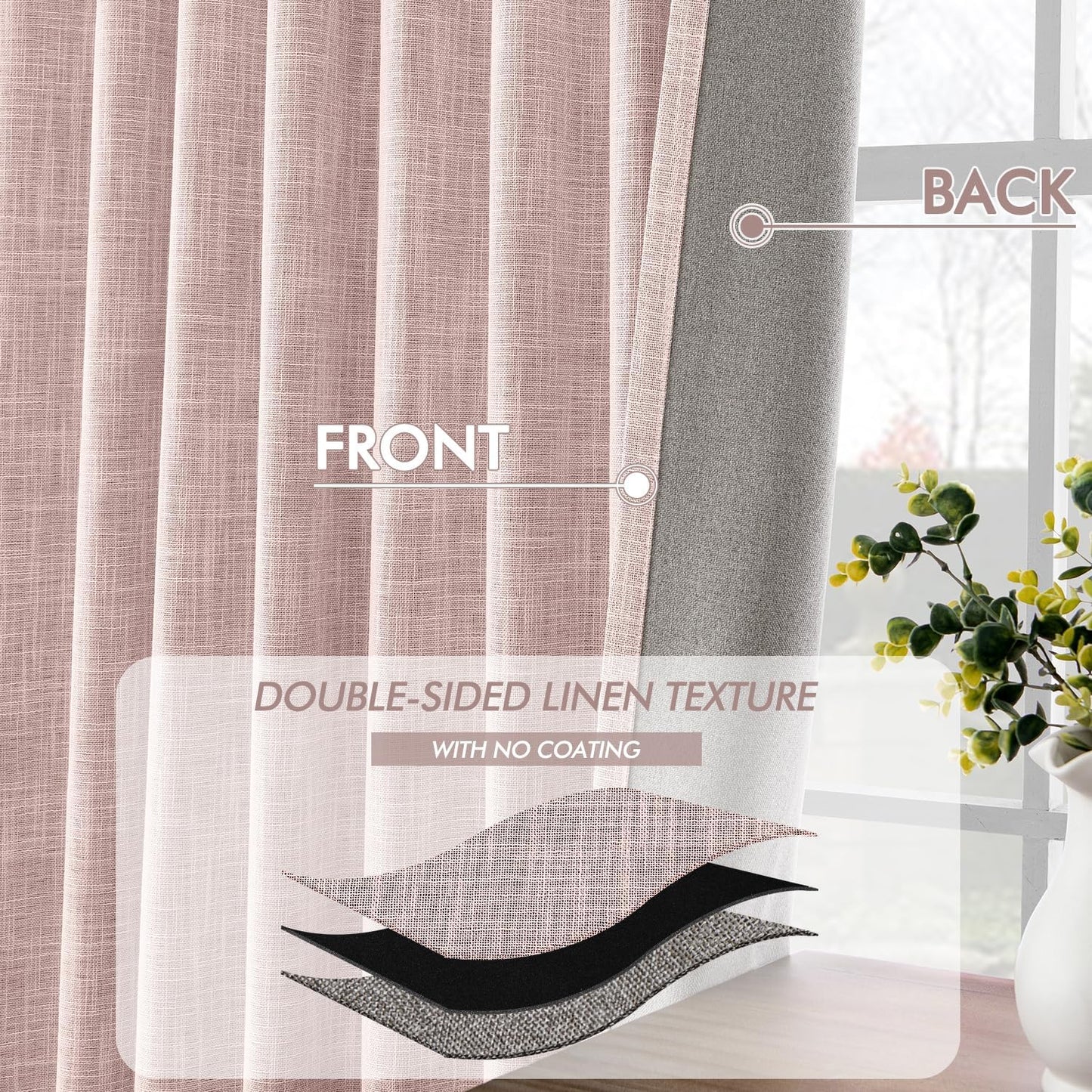 MIULEE Baby Pink 100% Blackout Linen Curtain 120 Inch 2 Panel Set Double Sided No Coating Pinch Pleated Back Tab Black out 10 FT Extra Long Thermal Insulated Bedroom Living Room Darkening Window Drape