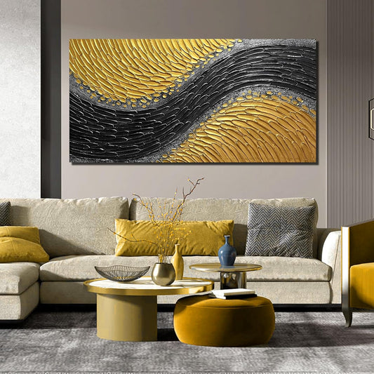 Black and Gold Hand Painted Oil Painting for Bedroom Abstract Pictures for Living Room Large Canvas Wall Art for Office Size 29 x 58 Inch