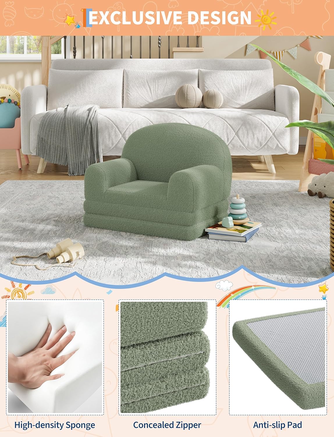 GarveeHome Kids Couch, 2-in-1 Comfy Toddler Couch Fold Out, Convertible Sofa to Lounger Foam Kids Chair with Soft Sherpa, Gift for Girls and Boys (Green Moon)