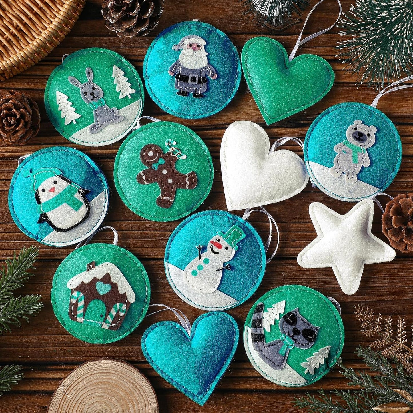 12 Pcs Christmas Felt Ornaments for Tree Santa Claus Snowman Gingerbread 3D White Mint Turquoise Color for Hanging Decoration Felt Craft for Christmas Party Favors Gifts