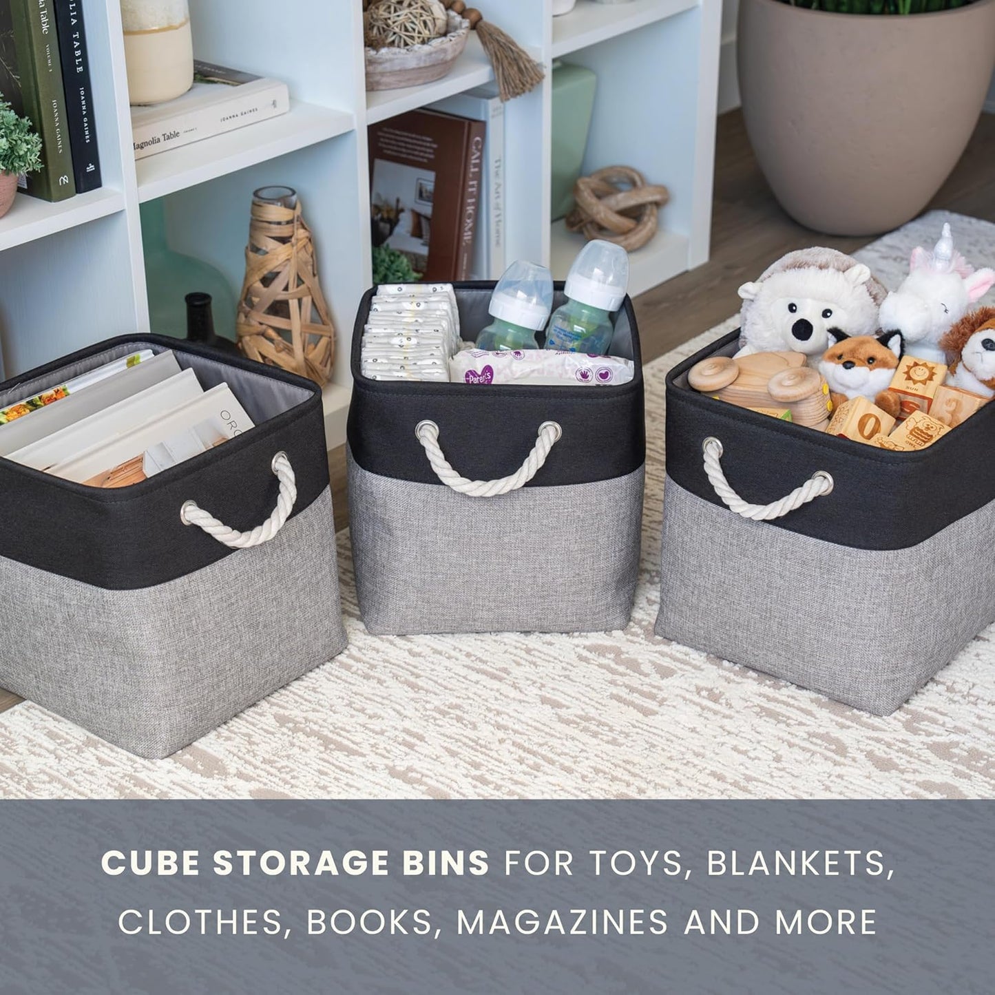 OrganiHaus 12x12 Cube Storage Bins 4 Pack, Foldable Cube Storage Organizer w/ Rope Handles, Collapsible Fabric Bins for Toys, Clothes & Closet Organization, Fabric Square Baskets - Gray/Black