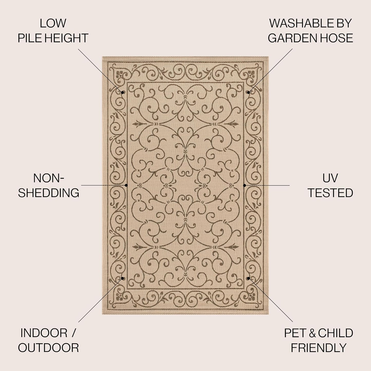 JONATHAN Y Vintage Filigree Indoor Outdoor Area Rug 3X5 Beige/Brown, Charleston Textured Weave for Backyard, Patio, Porch, Easy-Cleaning, High Traffic, Pet-Friendly, Non-Shedding (SMB106A-3)