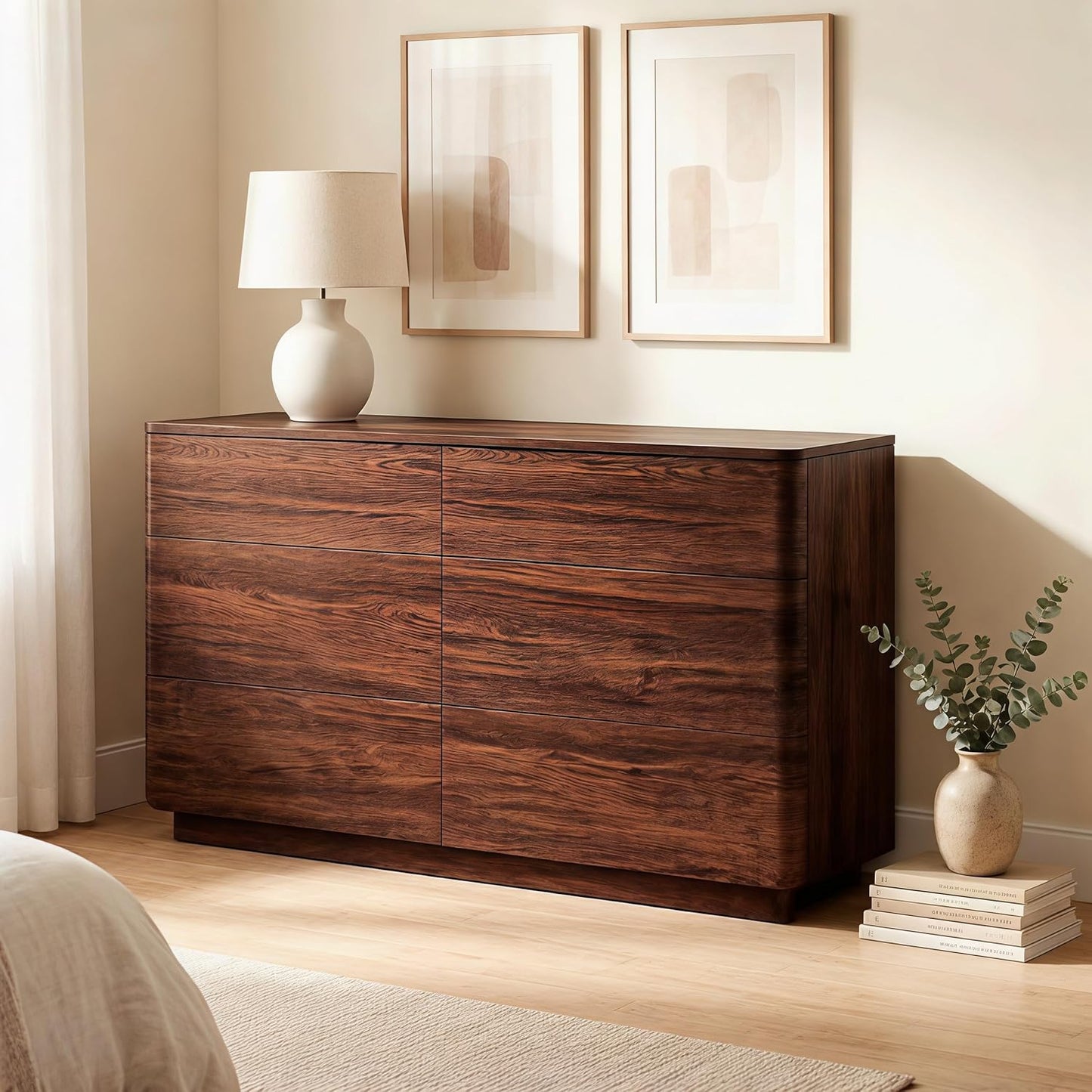 ACCOHOHO 6 Drawer Dresser for Bedroom, 52" Wide Modern Wood Dresser with Hidden Handle Drawers, Large Storage Chest of Drawers, TV Stand for Living Room & Hallway, Curved Profile Design, Dark Walnut