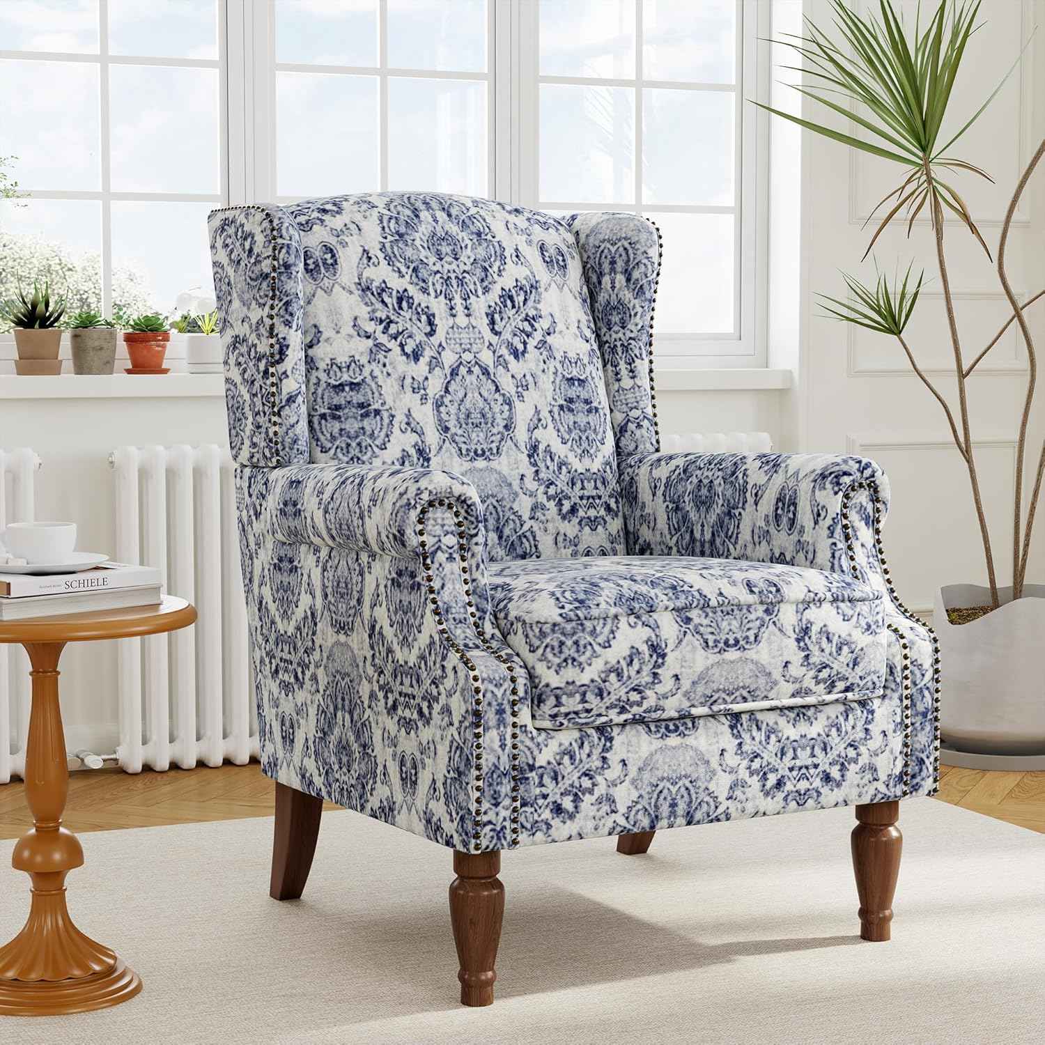 Floral High Back Accent Chair, Upholstered Armchair with Solid Wood Legs, Comfy Wingback Reading Single Sofa Chair for Small Spaces, Living Room, Bedroom(Floral Navy Blue, Set of 1)