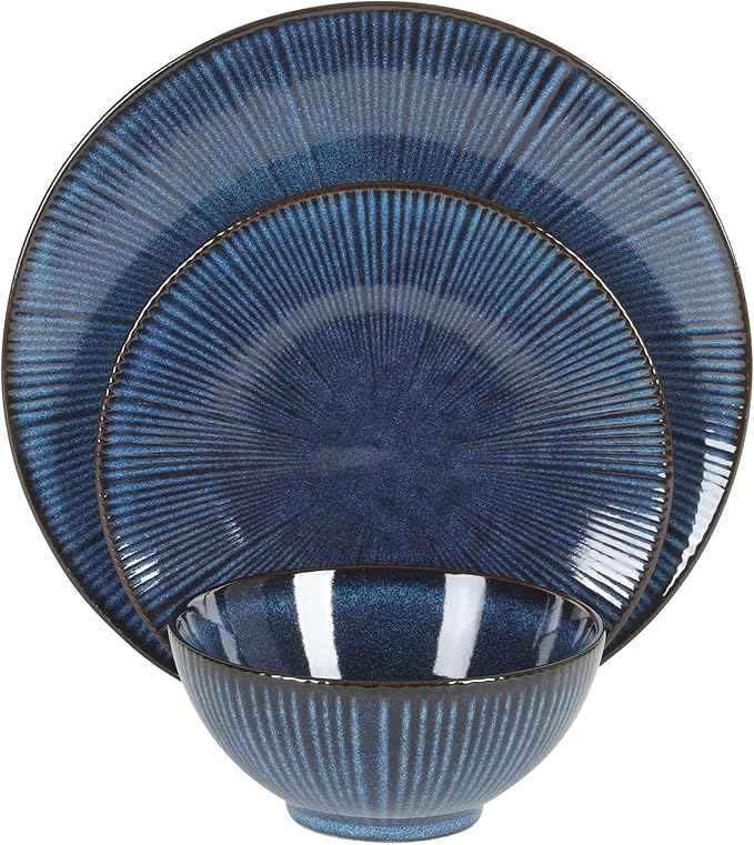 Gibson Elite Midnight Lune Plates and Bowls Sets, 12-Piece Stoneware Dinnerware Sets, Reactive Glaze Dish Set - Blue