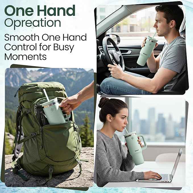 30oz Tumbler with Handle and Straw Insulated Stainless Steel Travel Mug Vacuum Double Wall Coffee Cup Leak Resistant Lid BPA-Free Cup Holder Friendly for Hot & Cold Drinks, Pastel Green