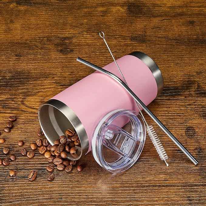 COMOOO 20oz Double Wall Vacuum Insulated Travel Mug, Stainless Steel Tumbler with Lid, Durable Powder Coated Insulated Coffee Cup for Cold & Hot Drinks (Pink, 1 Pack)