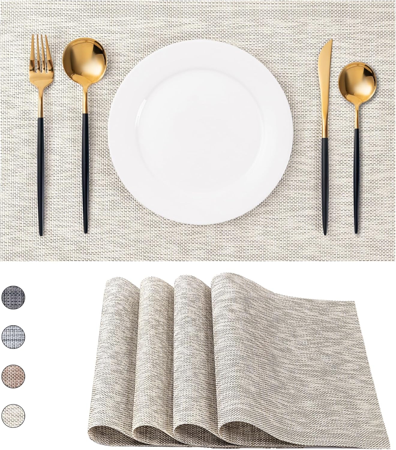 CADONO Placemats Set of 4 Washable Indoor/Outdoor Vinyl Place Mats for Dining Table Durable Non-Slip Heat Resistant PVC Weave Table Mats（Beige）