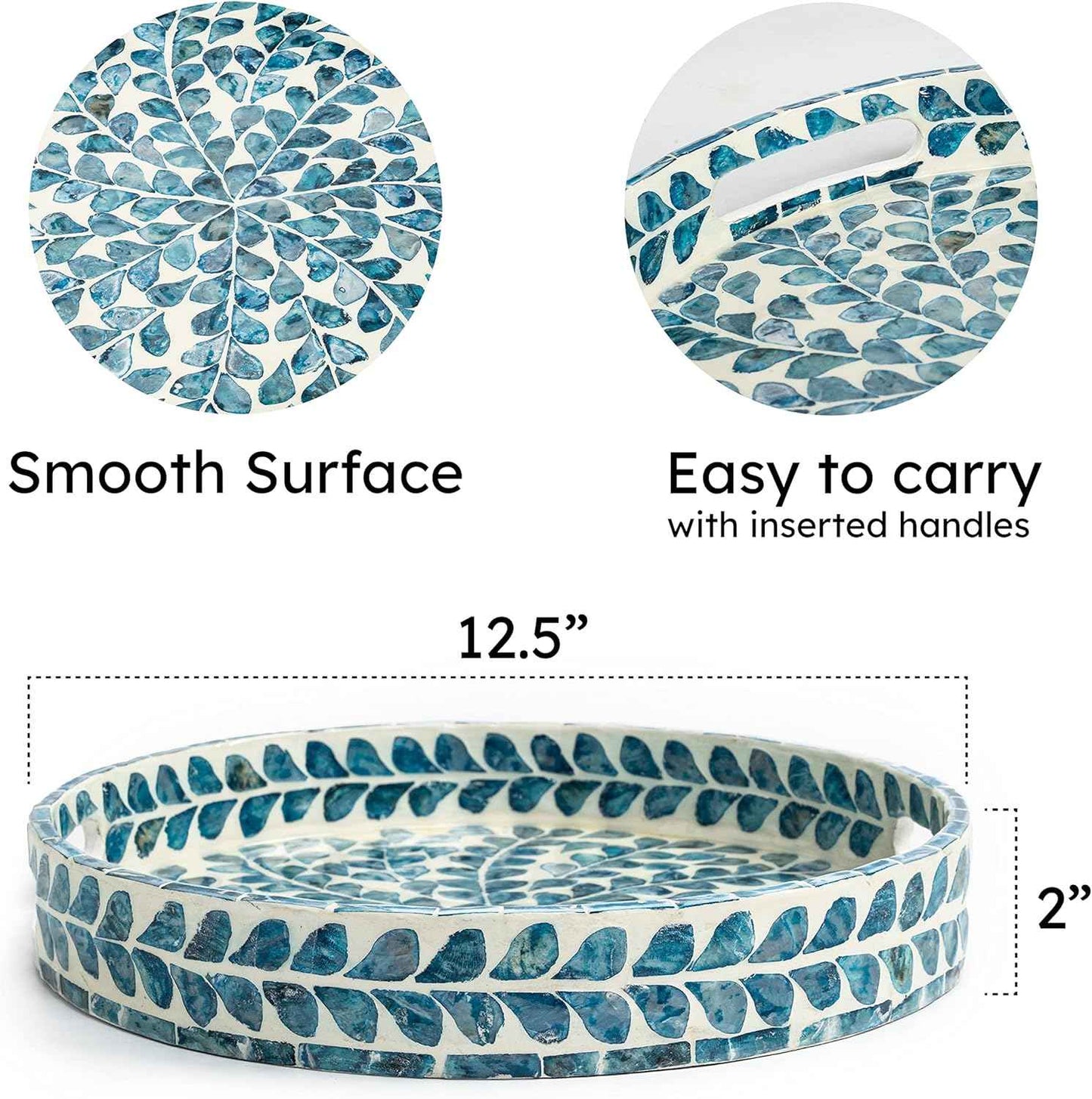 Serving Tray 12.5 Inch, Lacquer Mother of Pearl Inlay Mosaic Tray, Round Wooden Marble Tray with Handles Trays for Tea, Breakfast (Leaf Style)