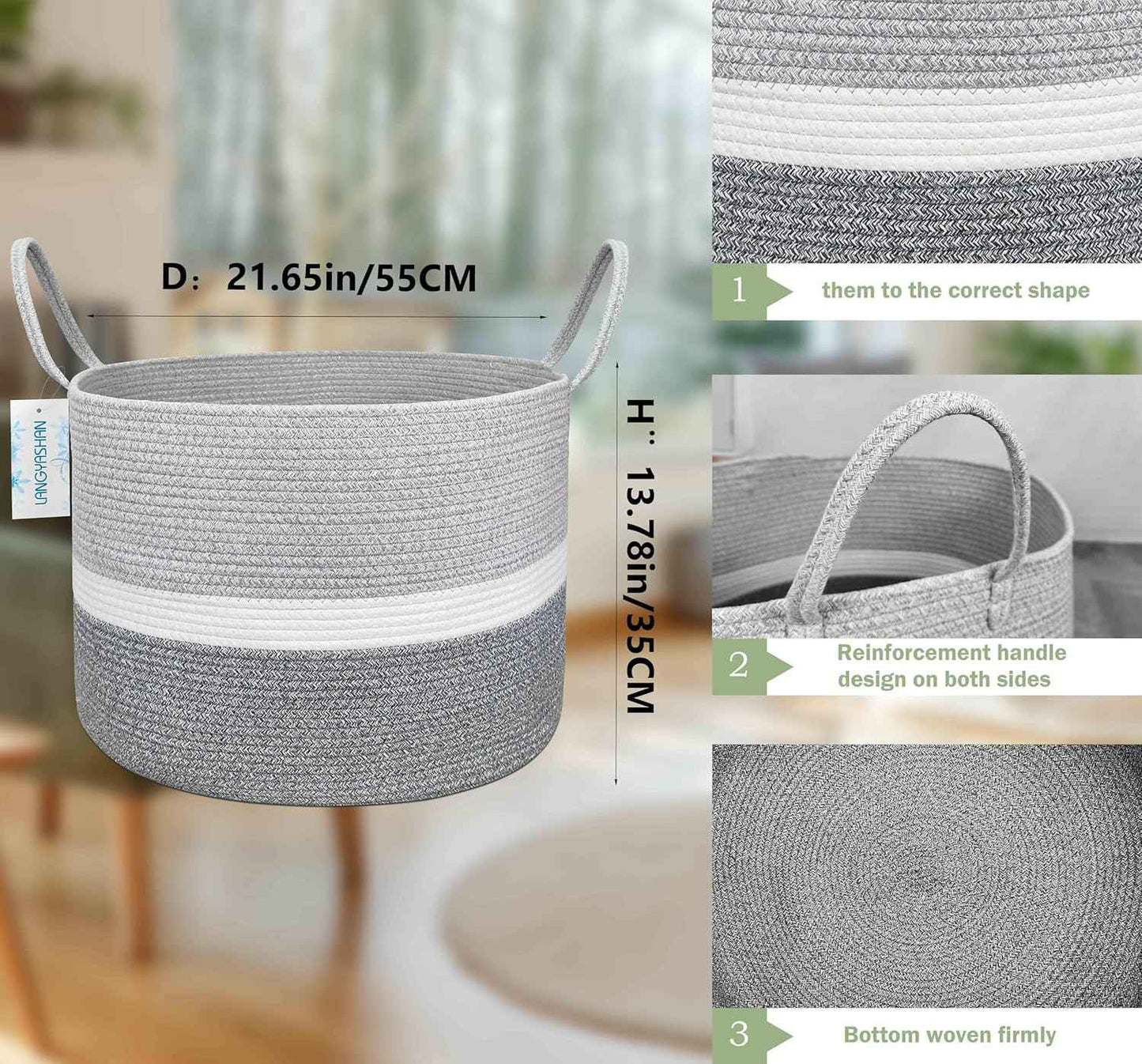 21.65" x 13.78" XXXLarge Woven Rope Basket Decorative Blanket Basket for Living Room Toys Sofa Throws Storage Towels or Nursery Laundry Hamper with Handles Laundry Basket (Three-Colour)
