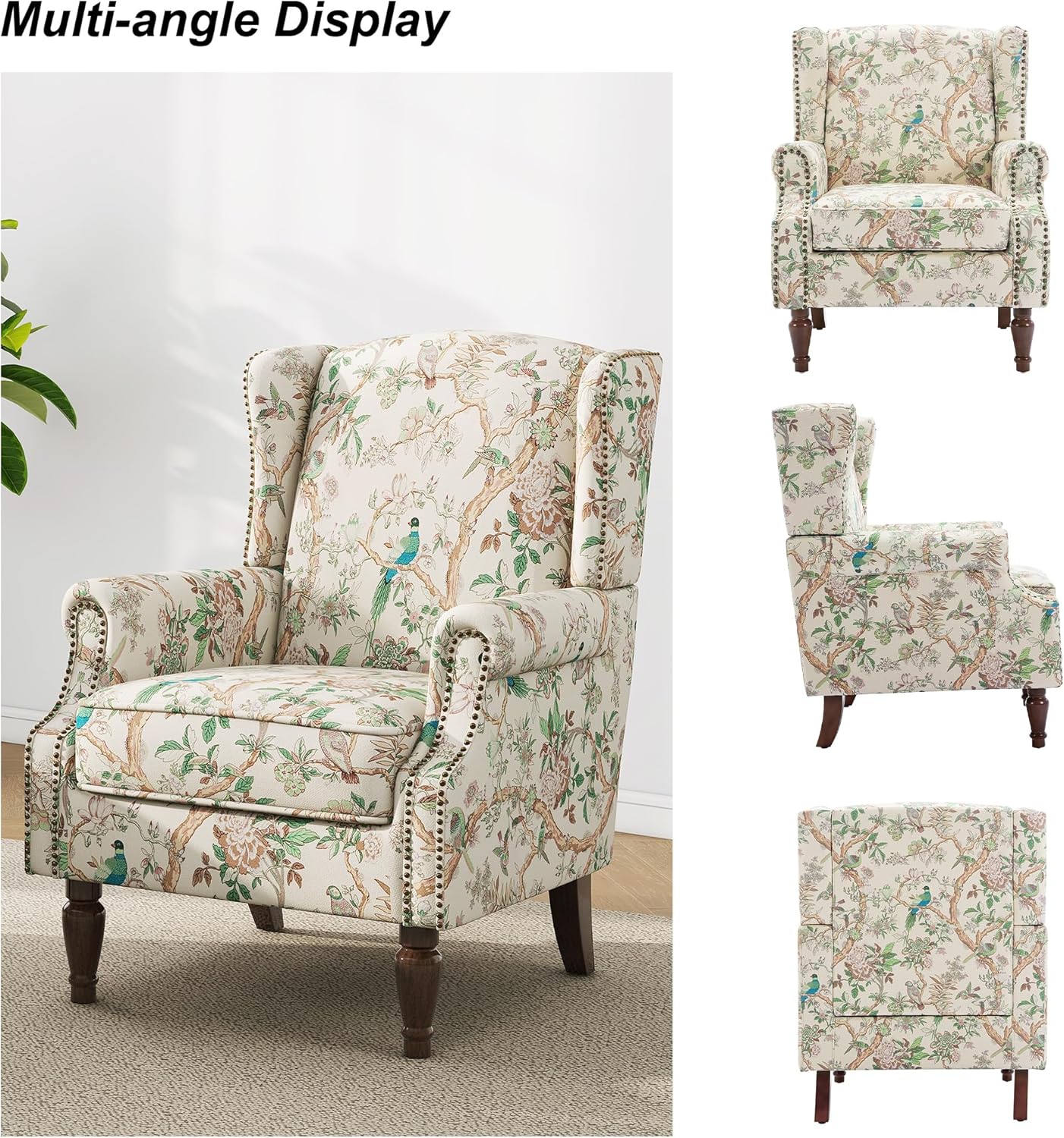 Floral High Back Accent Chair, Upholstered Armchair with Solid Wood Legs, Comfy Wingback Reading Single Sofa Chair for Small Spaces, Living Room, Bedroom(Floral Bird, Set of 1)
