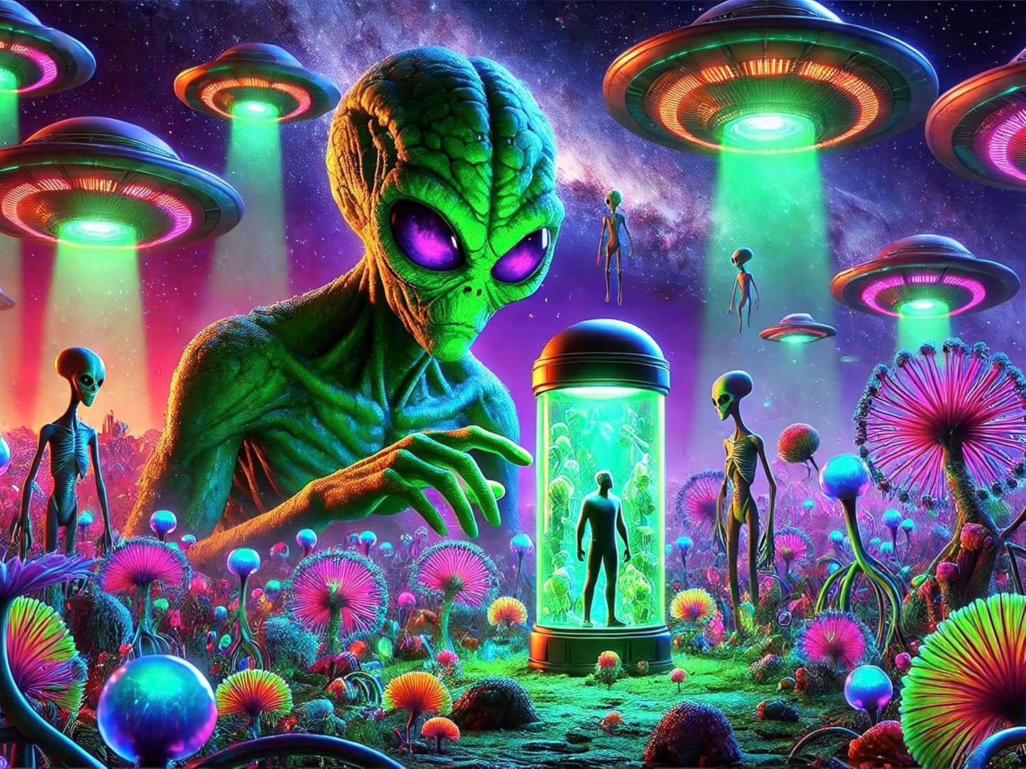 BlissYard Neon Alien UFO Black Light Tapestry Cosmic Sci Fi Mushroom Planet UV Reactive Psychedelic Space Blacklight Tapestry Wall Hanging for Bedroom Living Room Dorm Game Room Party Decor 78x59 Inch