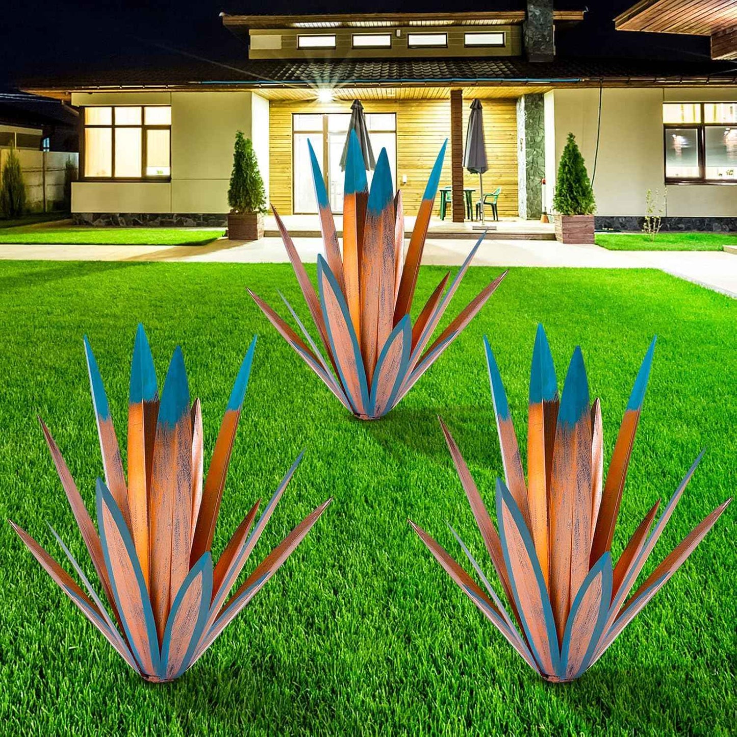 Homight Large Tequila Rustic Sculpture, Rustic Metal Agave Plants for Outdoor Patio Yard, Home Decor Hand Painted Metal Agave Garden Yard Statue, Outdoor Lawn Ornaments (3 Big)