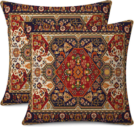 Outdoor Waterproof Pillow Covers 18X18 Inch Set of 2 Tribal Abstract Red and Yellow Vintage Carpet Pattern Decorative Farmhouse Pillow Covers for Couch Garden Balcony