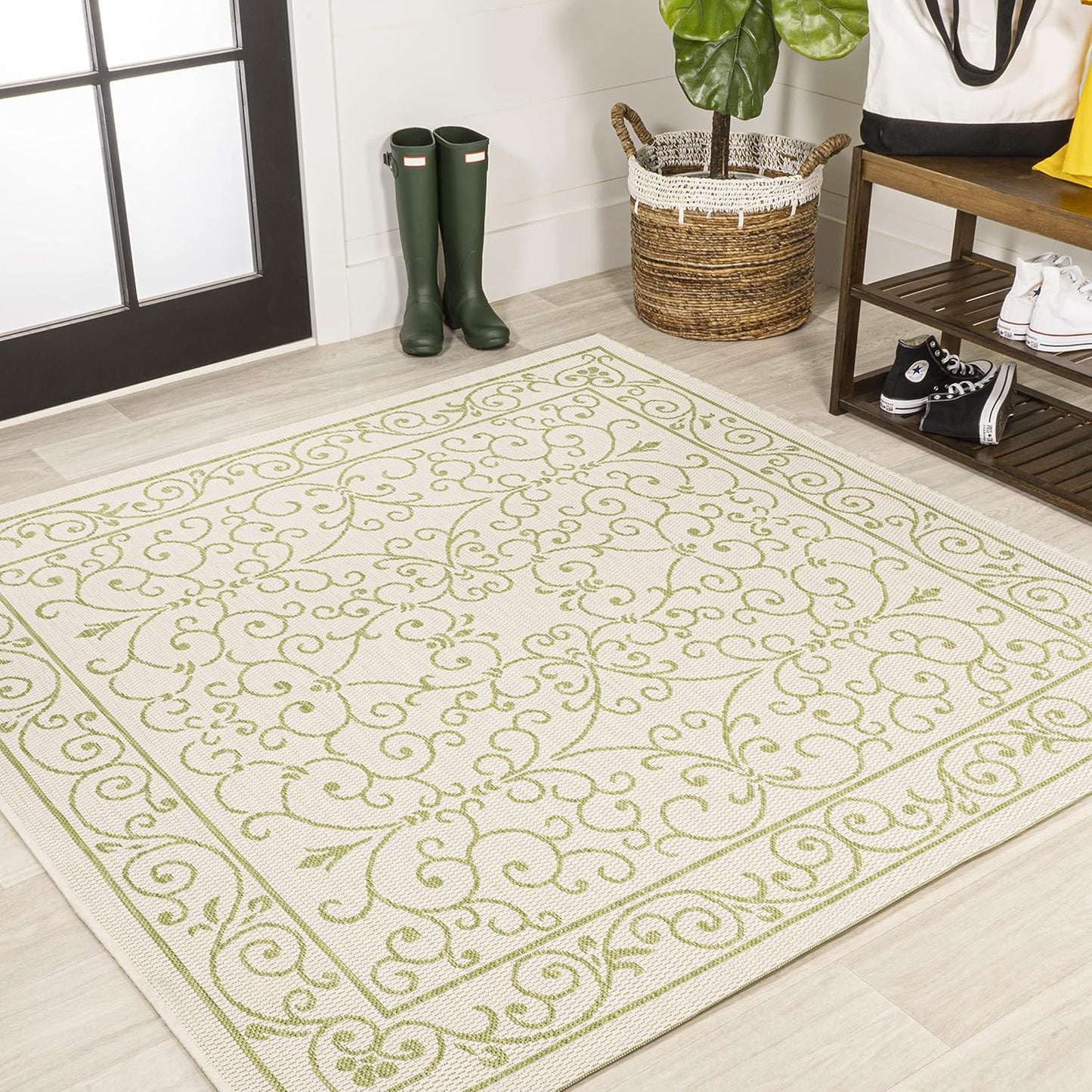 JONATHAN Y Vintage Filigree Indoor Outdoor Square Area Rug 5X5 Cream/Green, Charleston Textured Weave for Backyard, Patio, Porch, Easy-Cleaning, High Traffic, Pet-Friendly, Non-Shedding (SMB106I-5SQ)