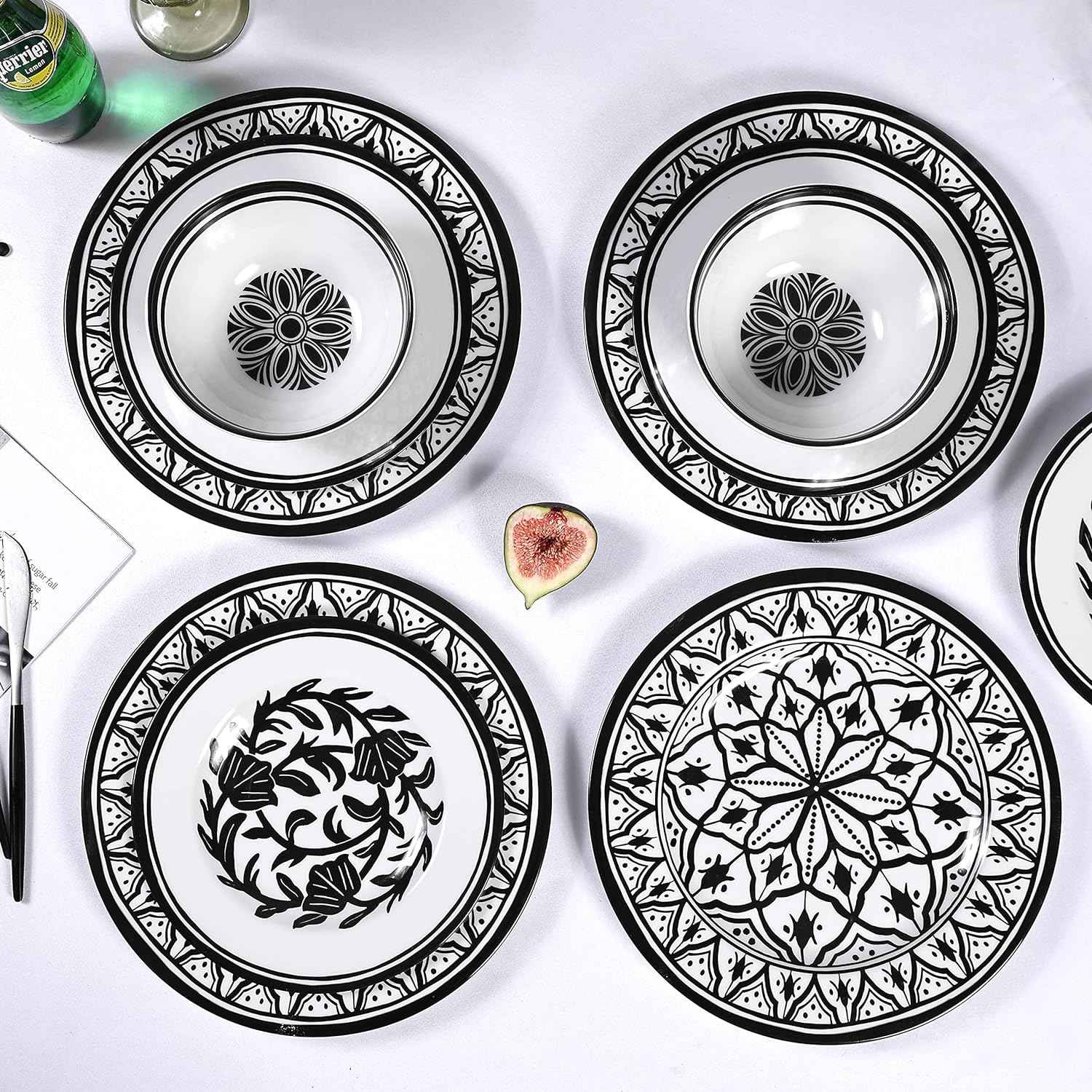Melamine Dinnerware Sets-12pcs Melamine Plates and Bowls Set, Unbreakable, Dishwasher Safe, Indoor Outdoor Use, Ideals for Parties, Camping Dish Set, Black and White Pattern
