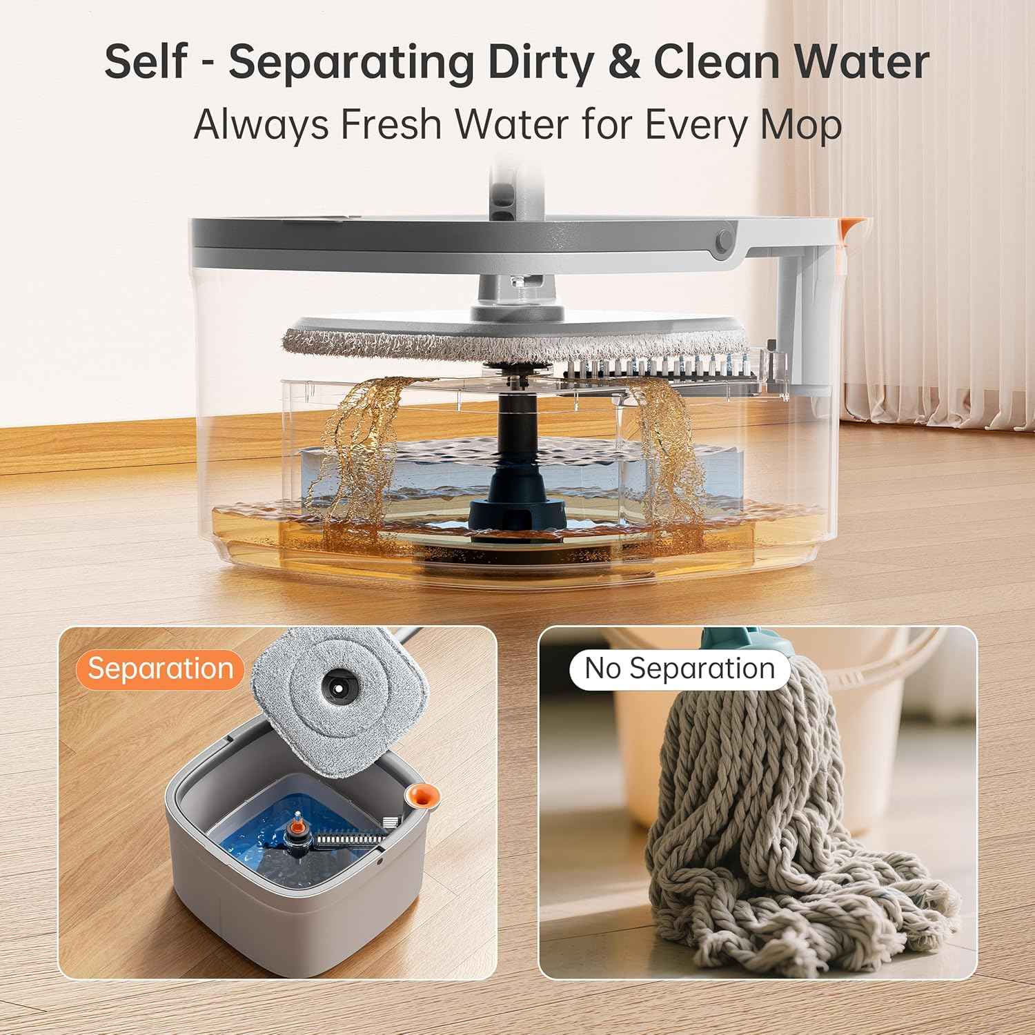 Upgraded Spin Mop and Bucket System Set, Self Separate Clean and Dirty Water, Foldable Square Standing Mop Head with Microfiber Mop Pads, Detachable Bucket (Grey, Mop Set with 6PC Pad)