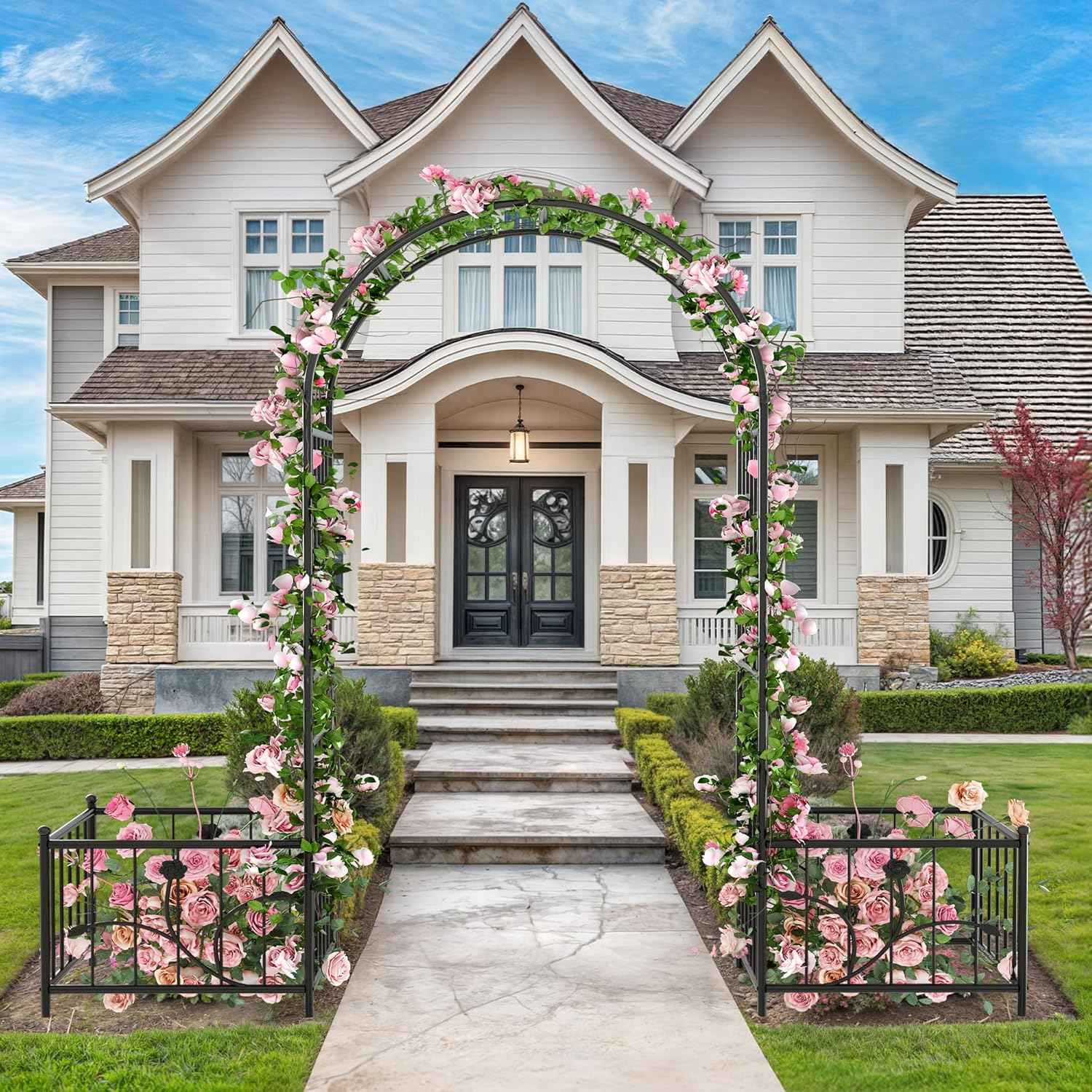 Garden Arbor with Planter Boxes 76" W x 86" H, Wedding Arches for Ceremony, Black Metal Garden Archway for Climbing Plants Outdoor Lawn, Patio and Backyard