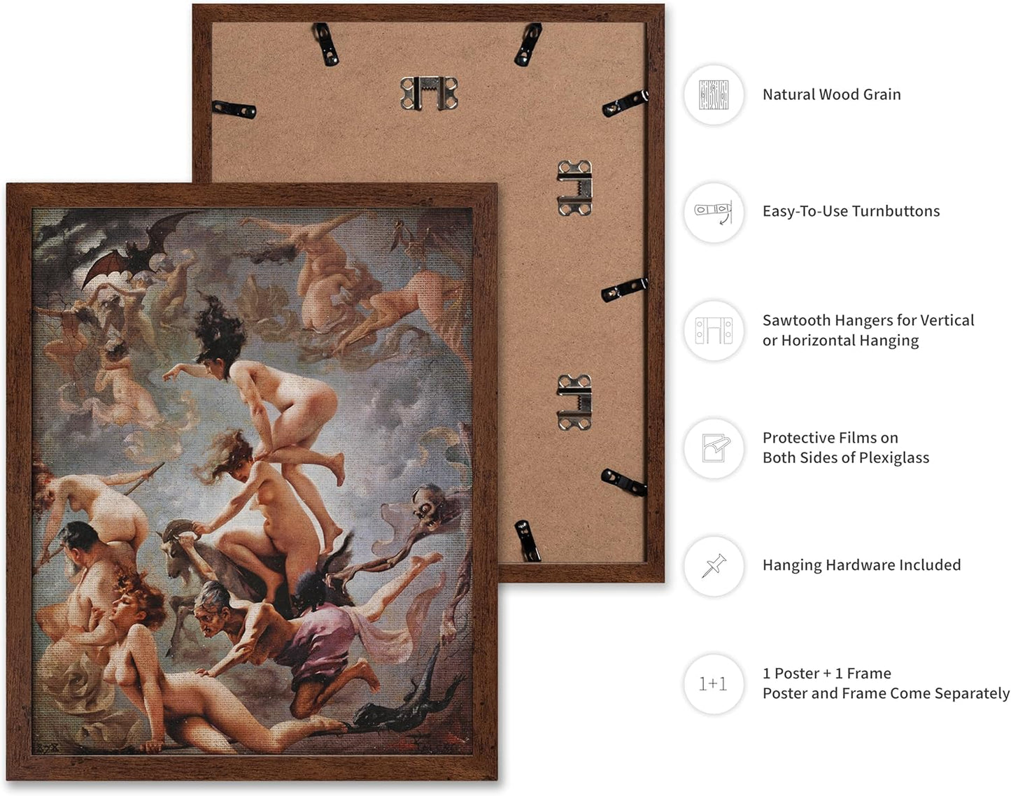 Poster Master Vintage Luis Ricardo Falero Poster - Retro Occult Print - Gift for Gothic, Horror Fan - Witches Going to their Sabbath, Pagan - Wall Decor for Bedroom, Dorm, 16x20 Brown Framed