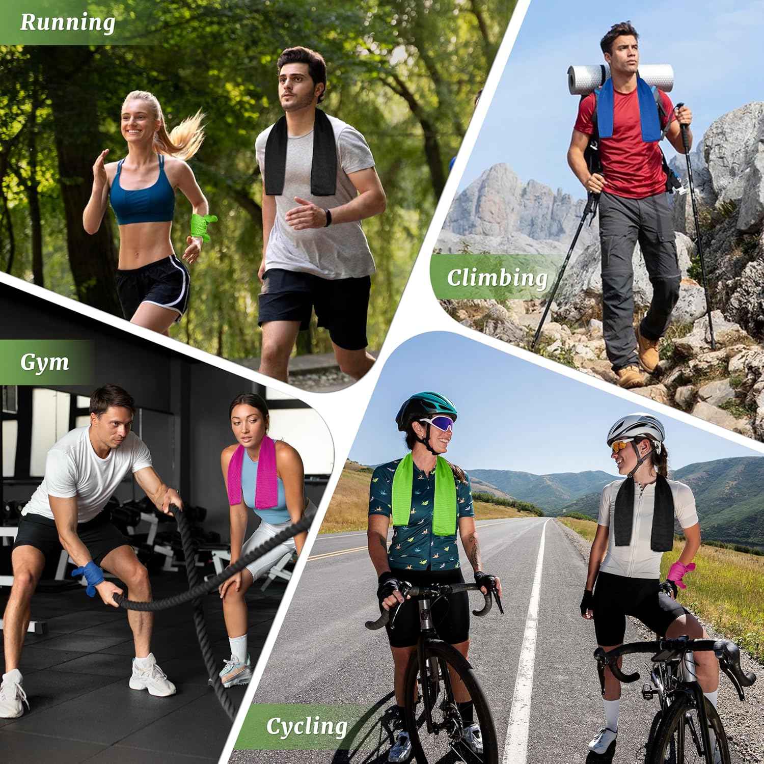 4 Pack Cooling Towels, Soft Breathable Cooling Towels for Neck and Face, Microfiber Gym Towels for Men and Women with Waterproof Bag & Carabiner, Sweat Towel for Yoga, Golf, Hiking, Running