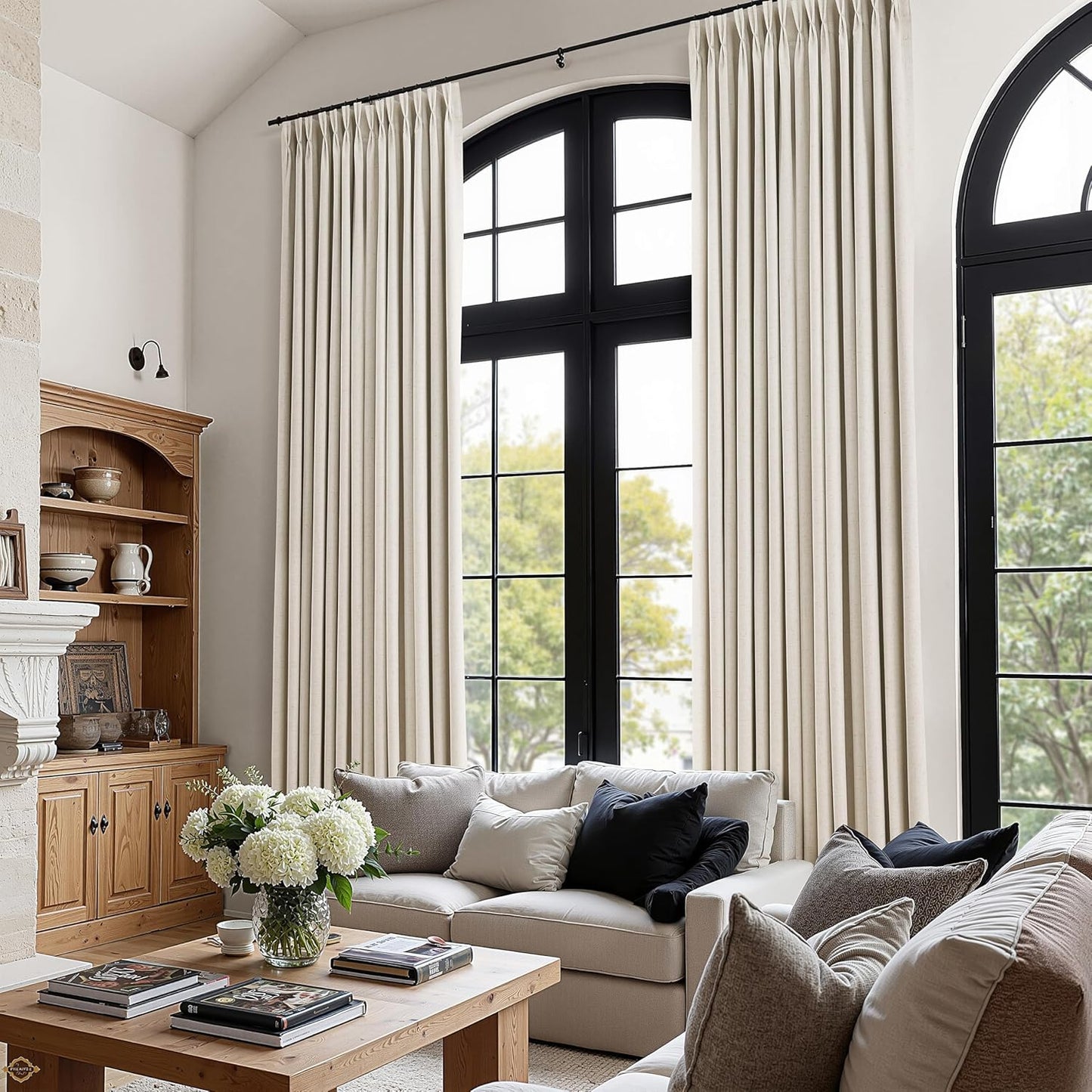 100% Blackout Extra Long Linen Pinch Pleated Curtains 9 Ft Natural Cream Drapes Room Darkening Thermal Insulated with Back Tab, Boho Ceiling to Floor Curtain for Bedroom 2 Panels 108 Inches Long