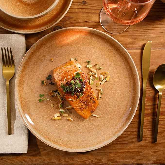 Gibson Elite Manila Bay 12-Piece Stoneware Dinnerware Set, Service for 4, Reactive Glaze Modern Artisan Plates, Bowls & Mugs, Orange, Round Design