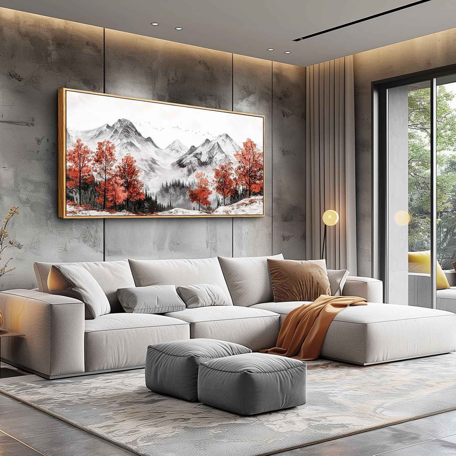 PHAOHUAXM Canvas Wall Art For Living Room Large Wall Decor For Bedroom Red Tree Ink-Wash Mountain Landscape Painting Wall Pictures Office Modern Restaurant Room Home Decoration Wood Framed 20"X40"