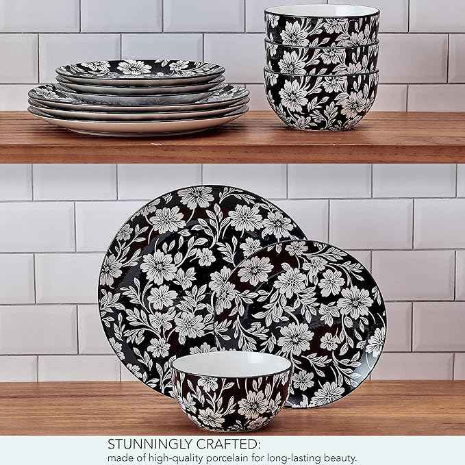 Pfaltzgraff Midnight Blooms 12 Piece Floral Stoneware Dinnerware Plate Bowl Dish Set, Service for 4, Black
