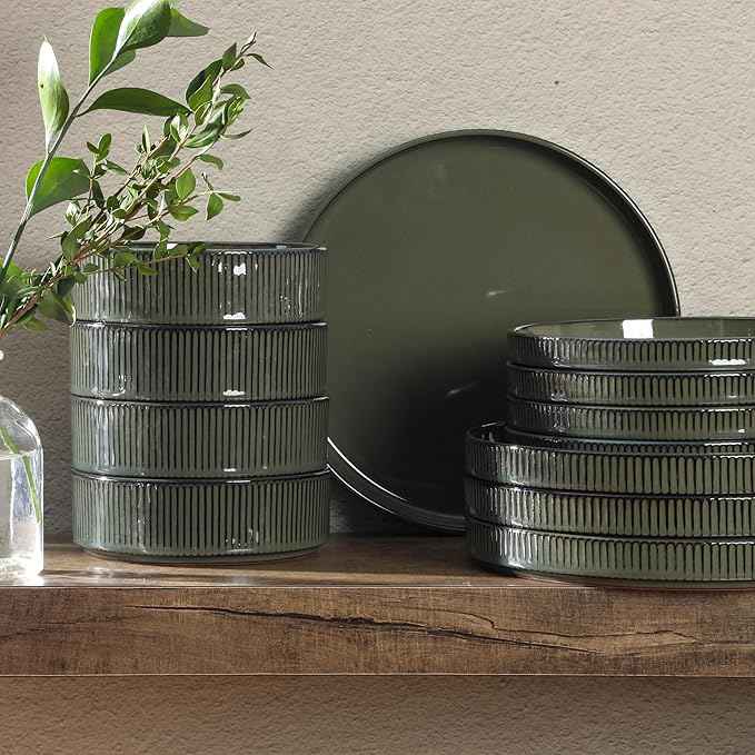 Gibson Elite 12 Piece (Service for 4) Townscape Plates and Bowls Reactive Glaze Embossed Round Dishes Terracotta Ceramic Dinnerware Set - Dark Green
