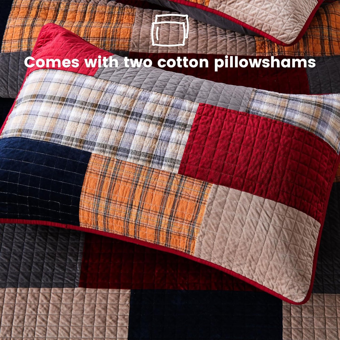 Secgo Imports Velvet King Size Comforter Set- Cotton & Velvet Quilt King Size Set, Red, Black bedspreads (96 * 108 Inch) with 2 Pillow Shams, Patchwork Reversible Lightweight Bedding