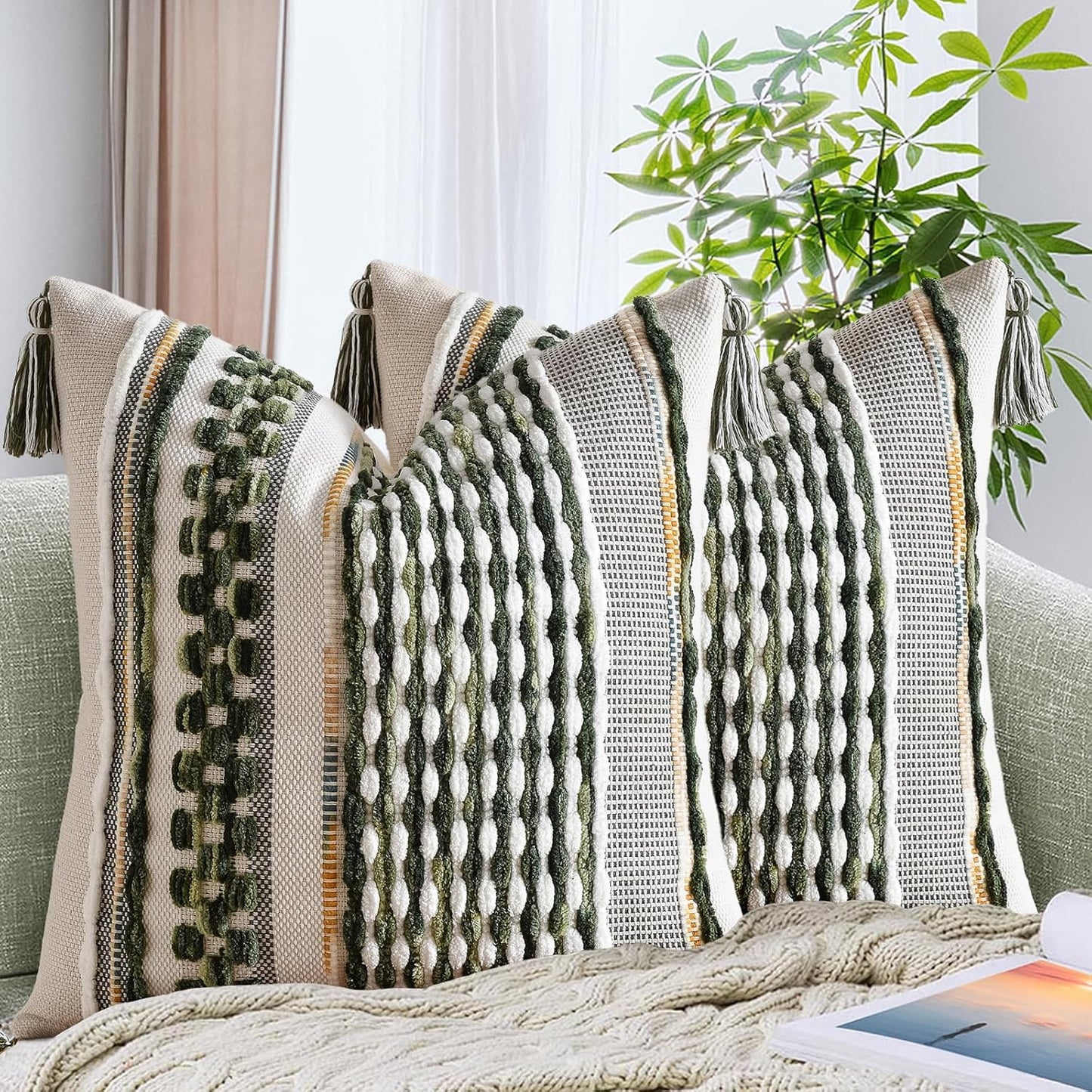 AmHoo Set of 2 Chenille Striped Textured Boho Throw Pillow Covers Aesthetic with Tassels Woven Decorative Pillow Case for Couch Bed Sofa Bedroom Modern Funky 18 x 18-Inch Sage Green