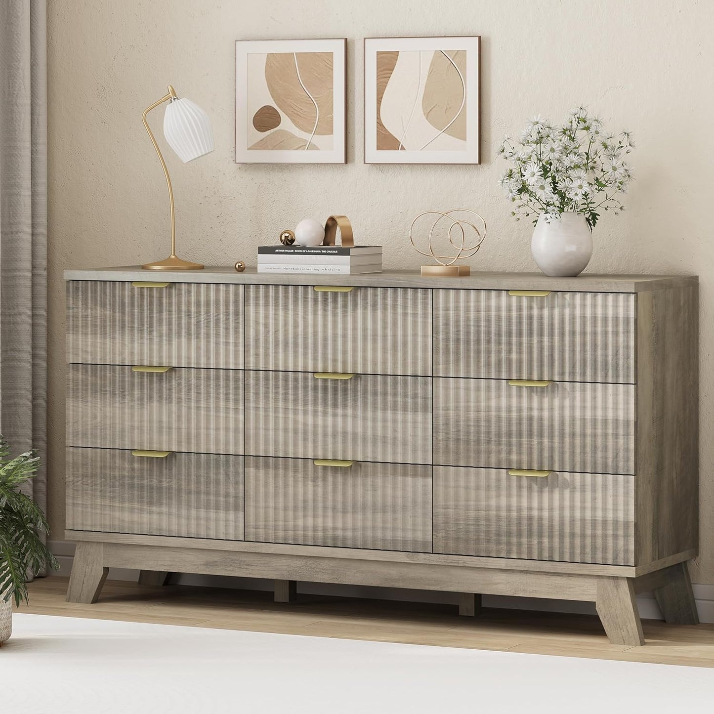 Fluted Dresser for Bedroom with 9 Drawers, 57" Wide Modern Chest of Drawers with Metal Handle, Wooden Dresser TV Stand, Wood Closet Clothes Storage Organizer for Living Room, Hallway, Grey